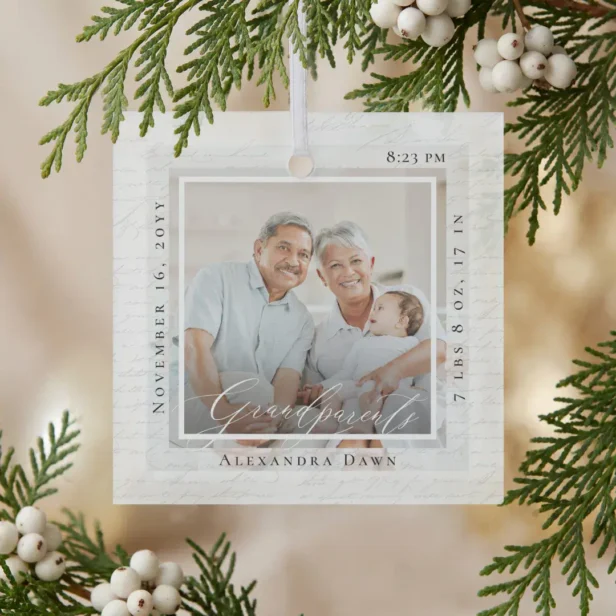 Baby First Christmas Grandparents Photo Birth Stat Glass Ornament
