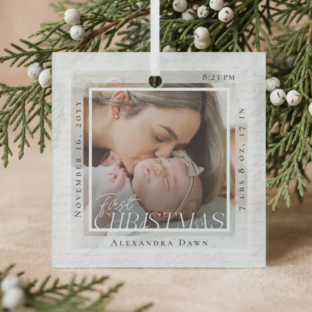 Baby First Christmas Photo Birth Stats Keepsake Glass Ornament