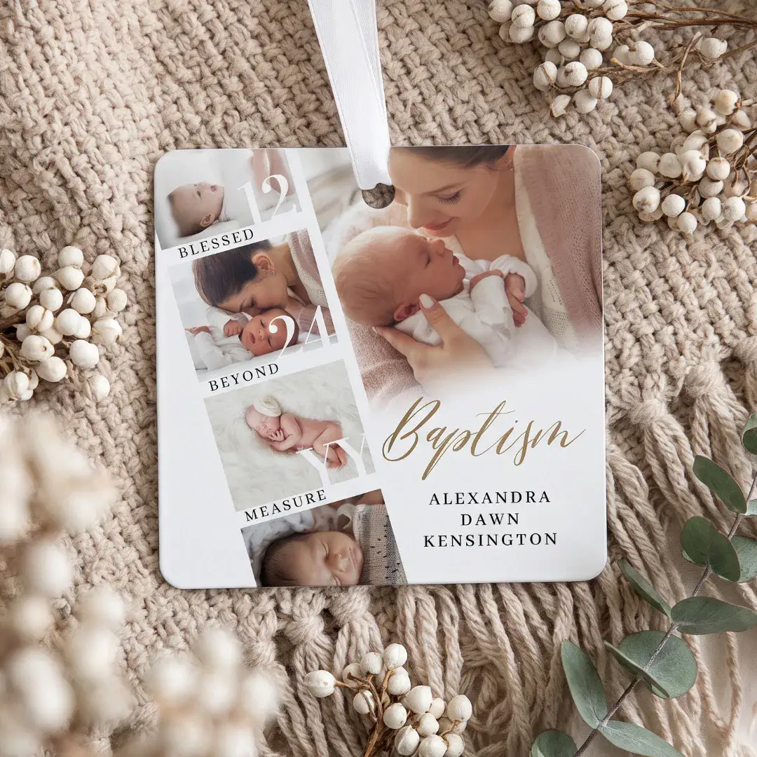 Baptism Calligraphy Photo Collage Baby Keepsake Metal Ornament