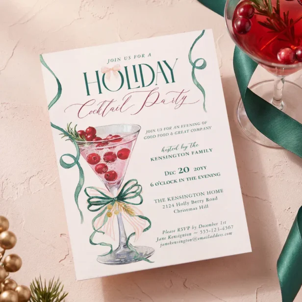 Christmas Holiday Cocktail Party Festive Drink Bow Invitation