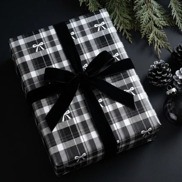 Classic Black White Bow Christmas Tartan Plaid Wrapping Paper