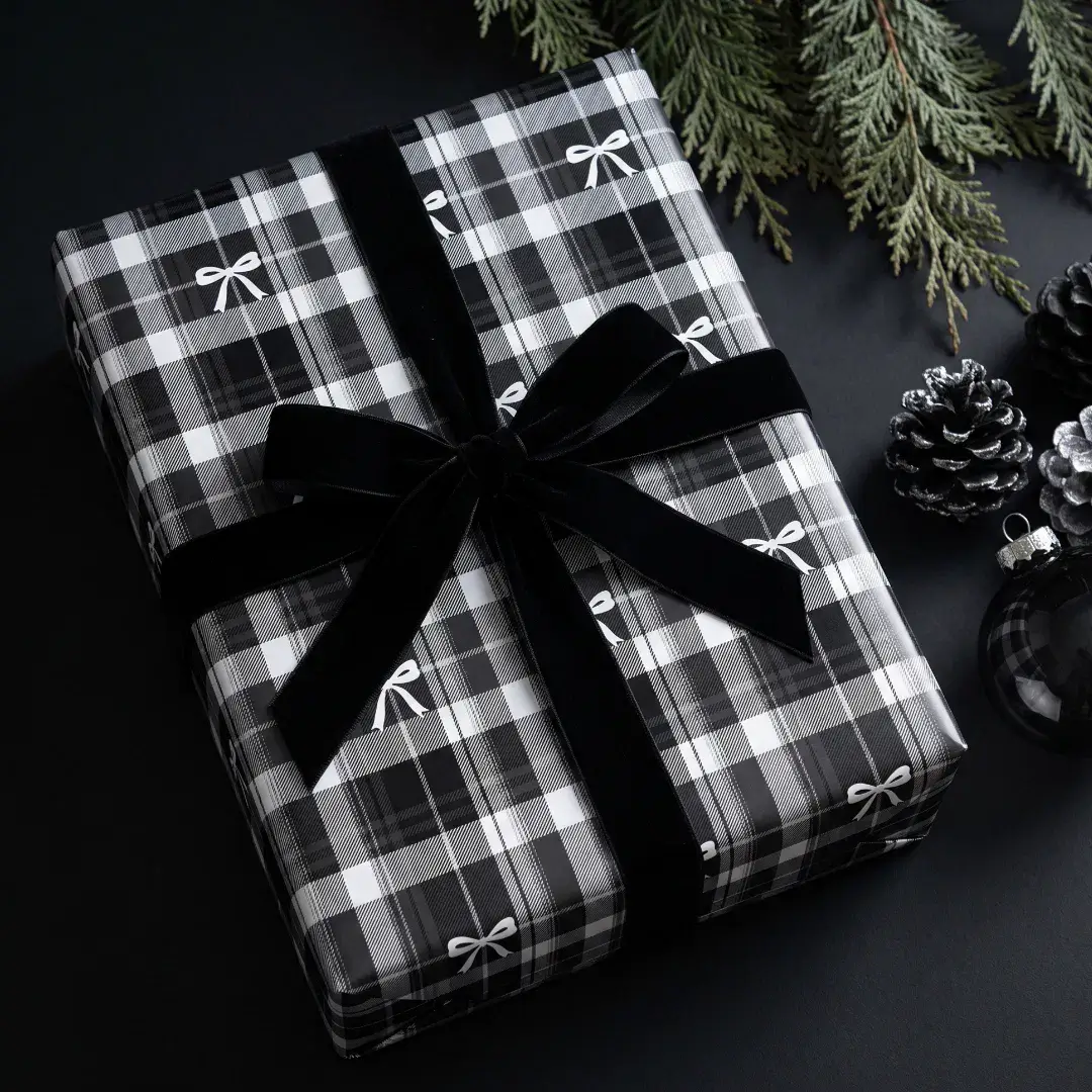 Classic Black White Bow Christmas Tartan Plaid Wrapping Paper