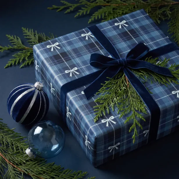 Classic Blue Navy Bow Chic Christmas Tartan Plaid Wrapping Paper