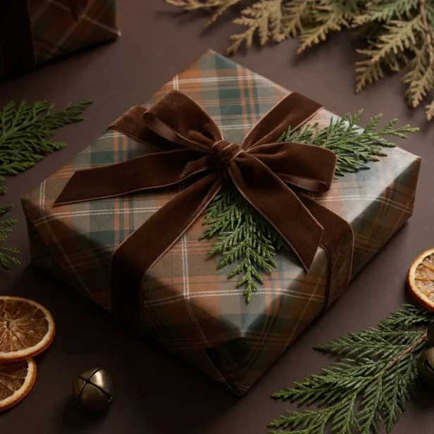 Classic Festive Brown Green Christmas Tartan Plaid Wrapping Paper