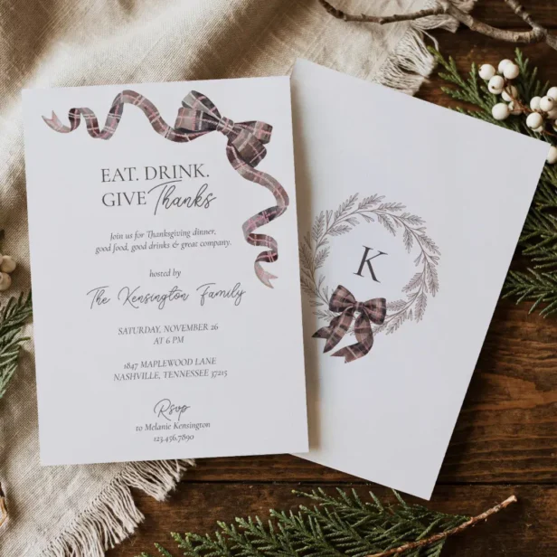 Cozy Brown Plaid Bow Thanksgiving Party Invitation