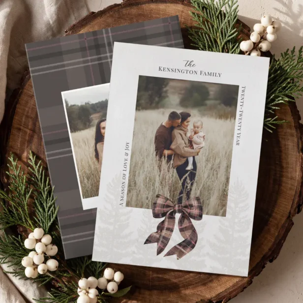 Cozy Brown Rustic Plaid Bow Ribbon Christmas Photo Holiday Card