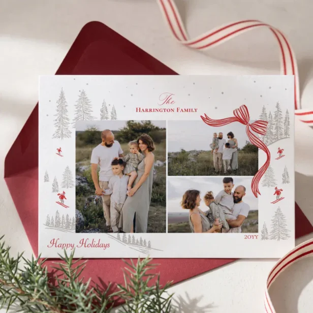 Cozy Nordic Winter Red Bow Photo Collage Christmas Holiday Card
