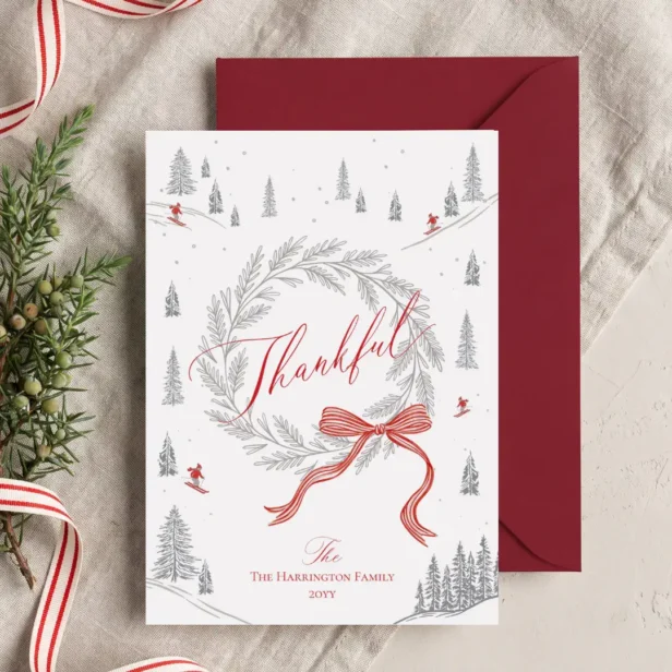 Cozy Nordic Winter Red Bow Thankful Thanksgiving Holiday Card