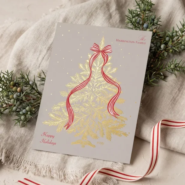 Cozy Rustic Festive Christmas Tree Stripe Red Bow Foil Holiday Card