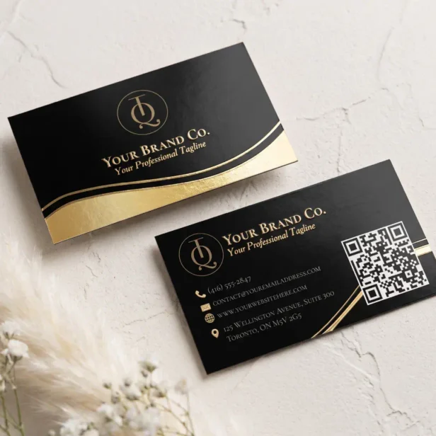 Custom Luxury Black Gold Foil QR Code & Logo Business Cards