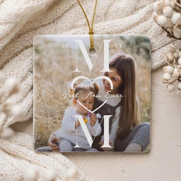 Elegant Best Mom Ever Photo Christmas Keepsake Ceramic Ornament