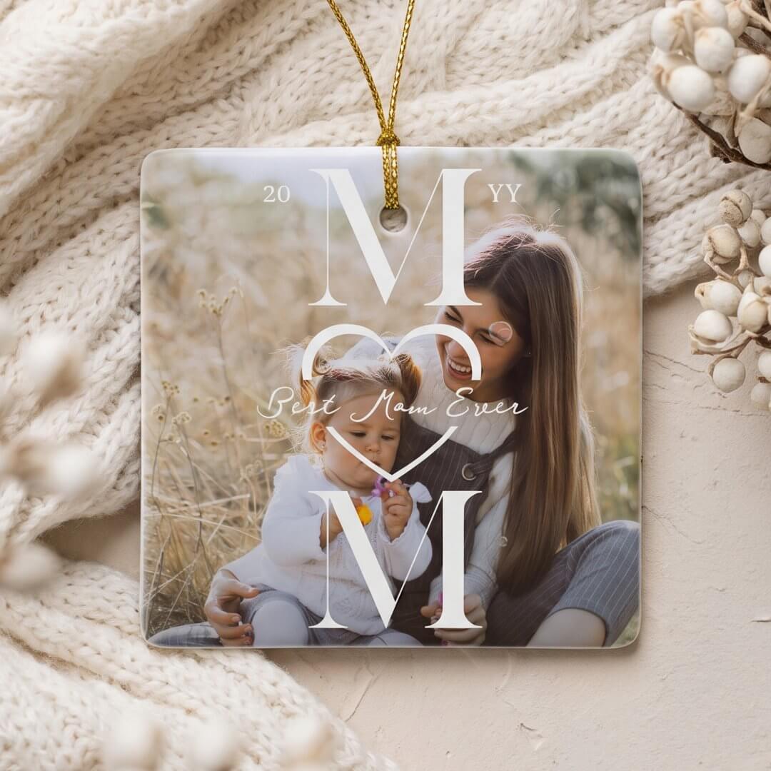 Elegant Best Mom Ever Photo Christmas Keepsake Ceramic Ornament