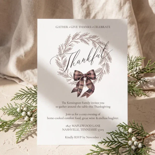 Elegant Brown Plaid Bow Thanksgiving Thankful Invitation
