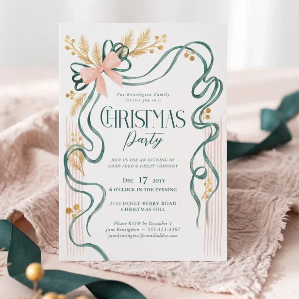 Elegant Chic Green Pink Bow Ribbon Christmas Party Invitation