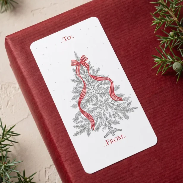 Elegant Christmas Tree Red Stripe Bow To From Label