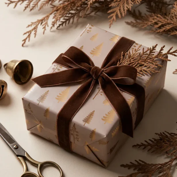 Elegant Faux Gold Pine Tree Forest Christmas Wrapping Paper
