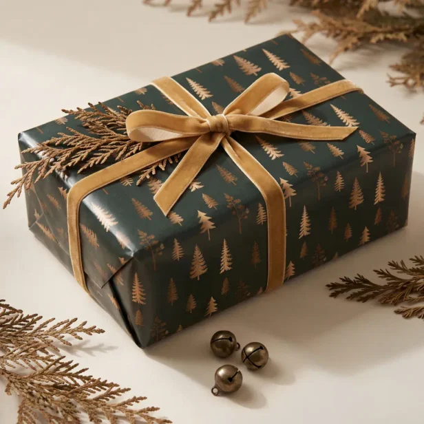 Elegant Faux Gold Pine Tree Forest Green Christmas Wrapping Paper