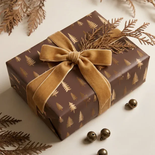Elegant Faux Gold Pine Tree Forest Brown Christmas Wrapping Paper