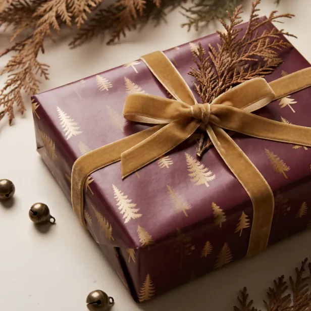 Elegant Faux Gold Pine Tree Forest Burgundy Christmas Wrapping Paper