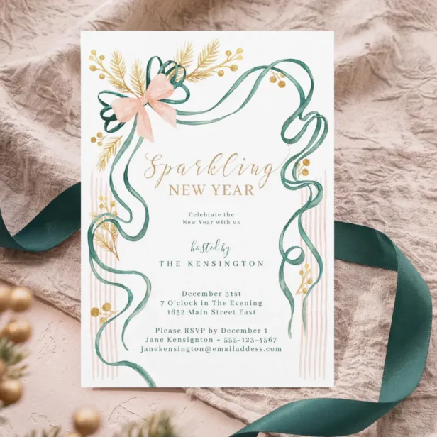 Elegant Green Bow Ribbon Christmas New Years Party Invitation