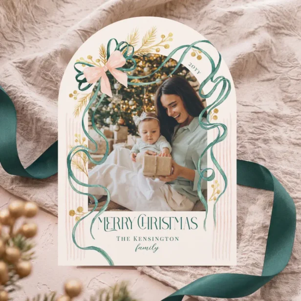 Elegant Merry Christmas Green Pink Bow Arch Photo Arch Holiday Card
