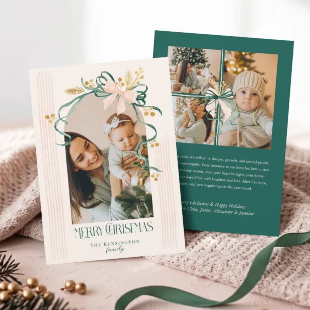 Elegant Merry Christmas Green Pink Bow Arch Photo Holiday Card