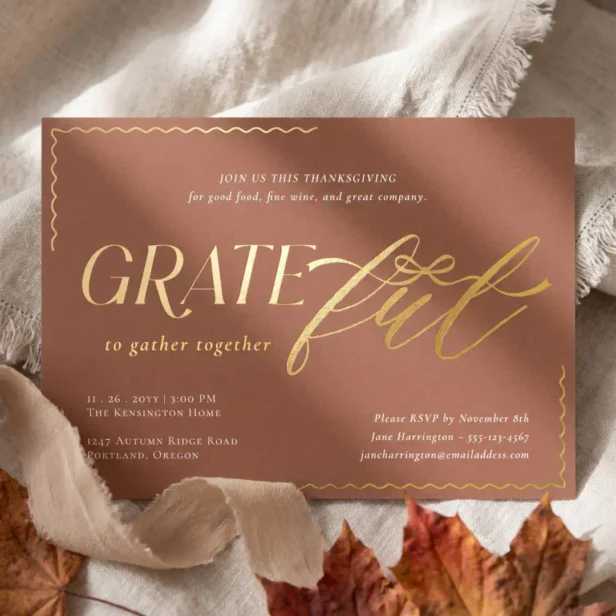 Elegant Minimal Bow Grateful Thanksgiving Dinner Foil Invitation