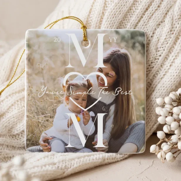 Elegant Minimalist Mom Photo Christmas Keepsake Ceramic Ornament