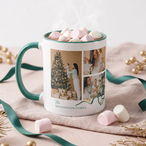 Elegant Pink Green Watercolor Bow Christmas Photo Mug