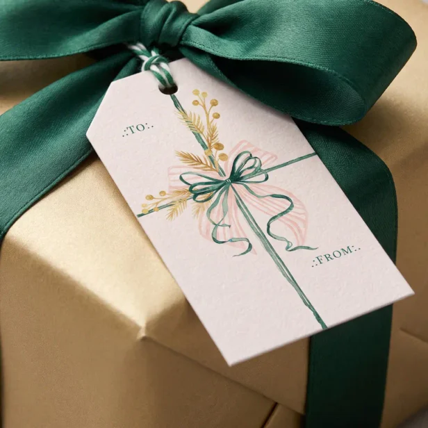 Elegant Watercolor Festive Green Bow Christmas Gift Tags