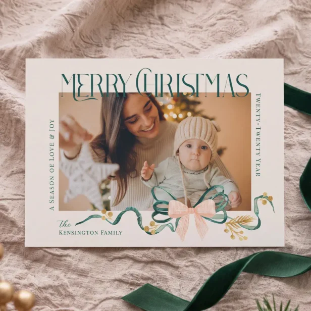 Elegant Watercolor Green Pink Bow Christmas Photo Holiday Card