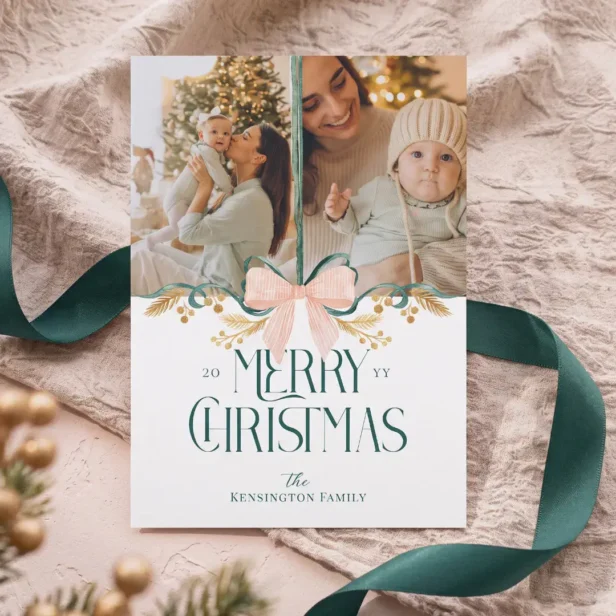 Elegant Watercolor Green Pink Bow Christmas Photo Holiday Card