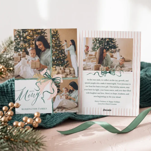 Elegant Watercolor Green Pink Bow Christmas Photo Holiday Card