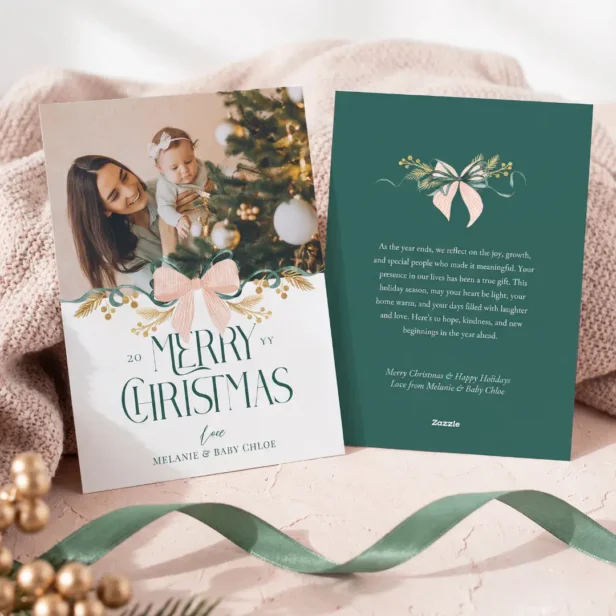 Elegant Watercolor Green Pink Bow Christmas Photo Holiday Card