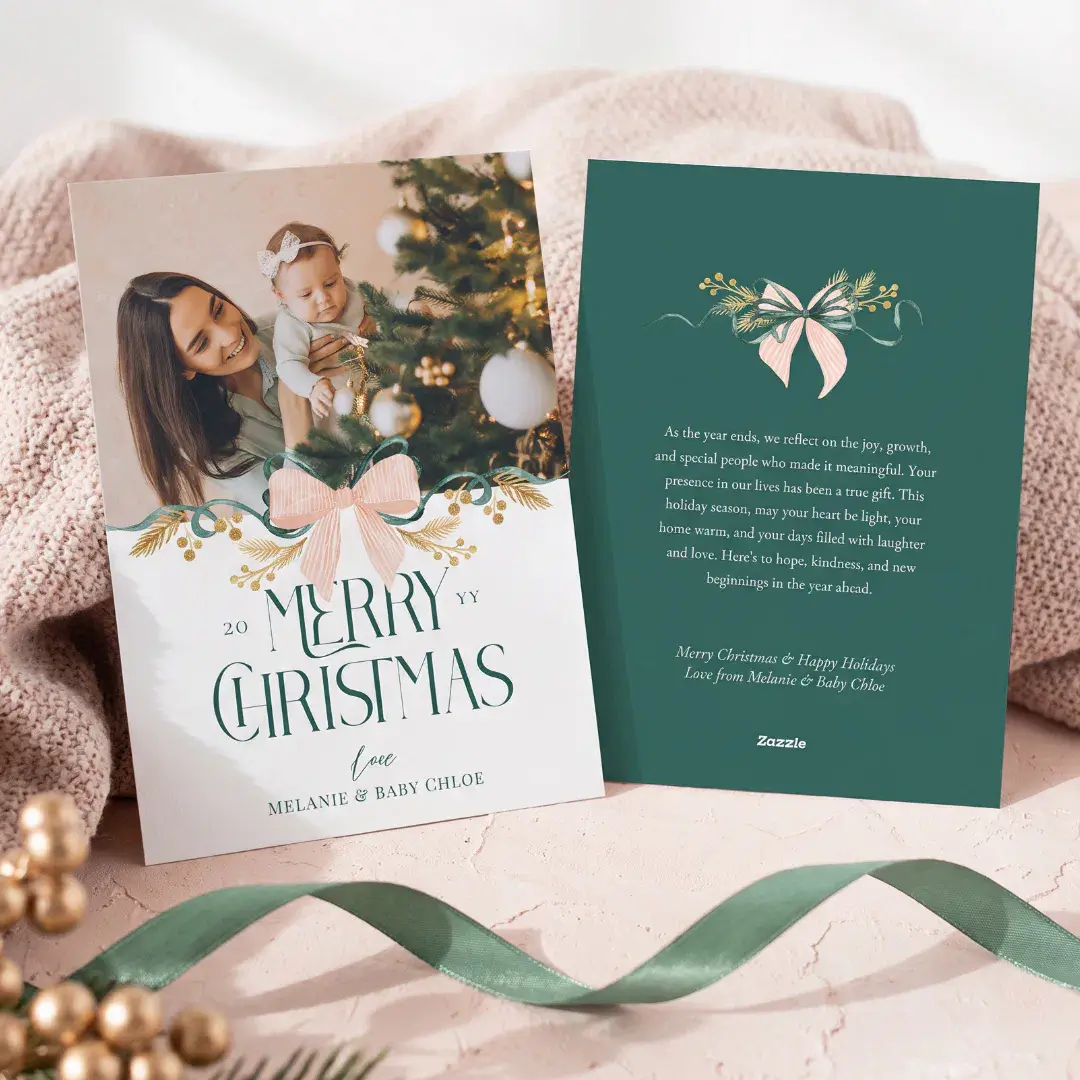 Elegant Watercolor Green Pink Bow Christmas Photo Holiday Card