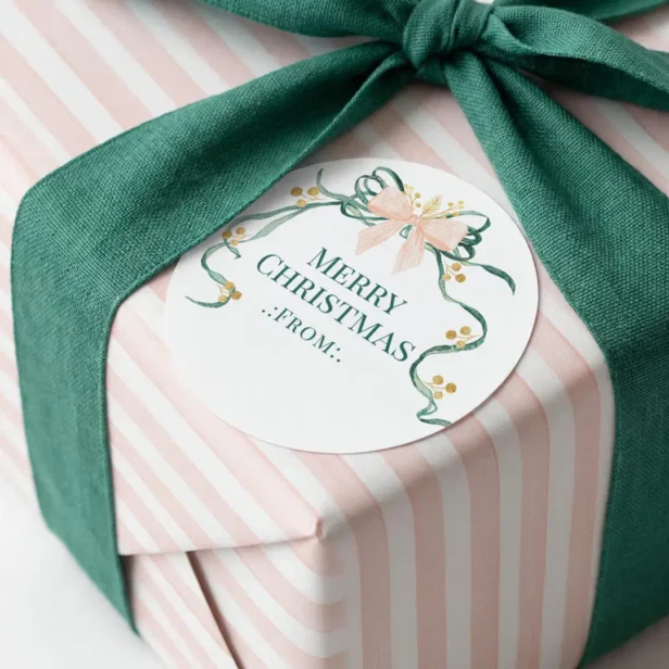 Elegant Watercolor Green Pink Bow Merry Christmas Classic Round Sticker