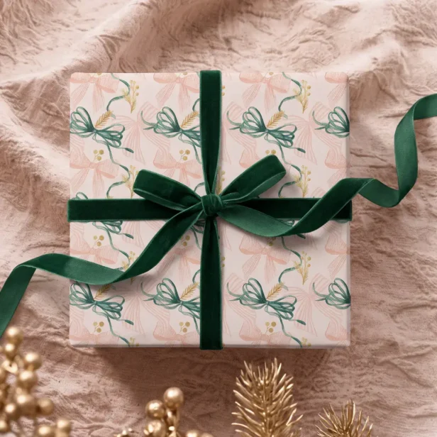 Elegant Watercolor Pink & Green Bow Christmas Wrap Wrapping Paper