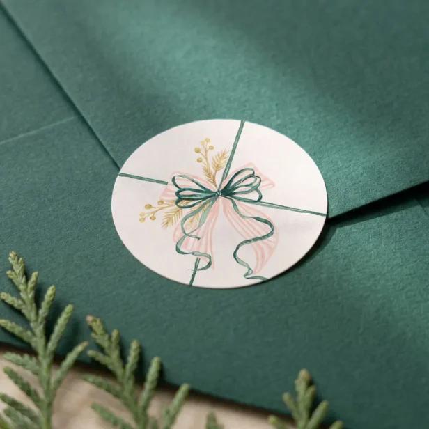 Elegant Watercolor Pink & Green Festive Bow Ribbon Classic Round Sticker