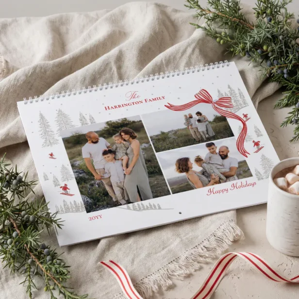 Elegant Watercolor Red Bow Nordic Christmas Photo Calendar
