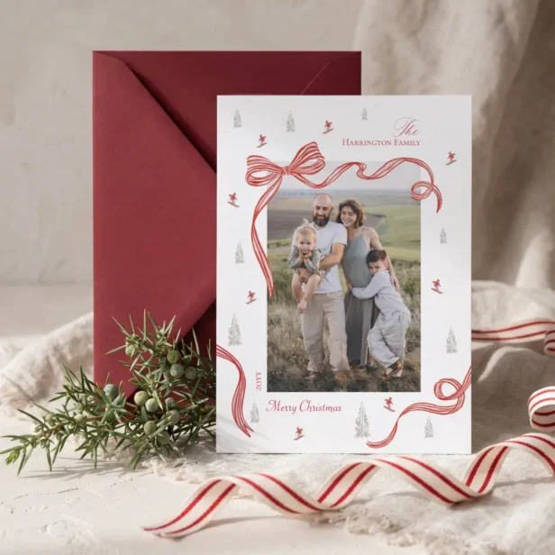 Elegant Watercolor Red Bow Nordic Christmas Photo Holiday Card