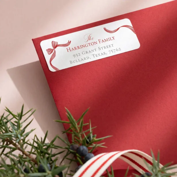 Elegant Watercolor Red Bow Ribbon Christmas Family Label