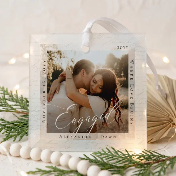 Engaged Minimal Elegant Script Engagement Photo Glass Ornament