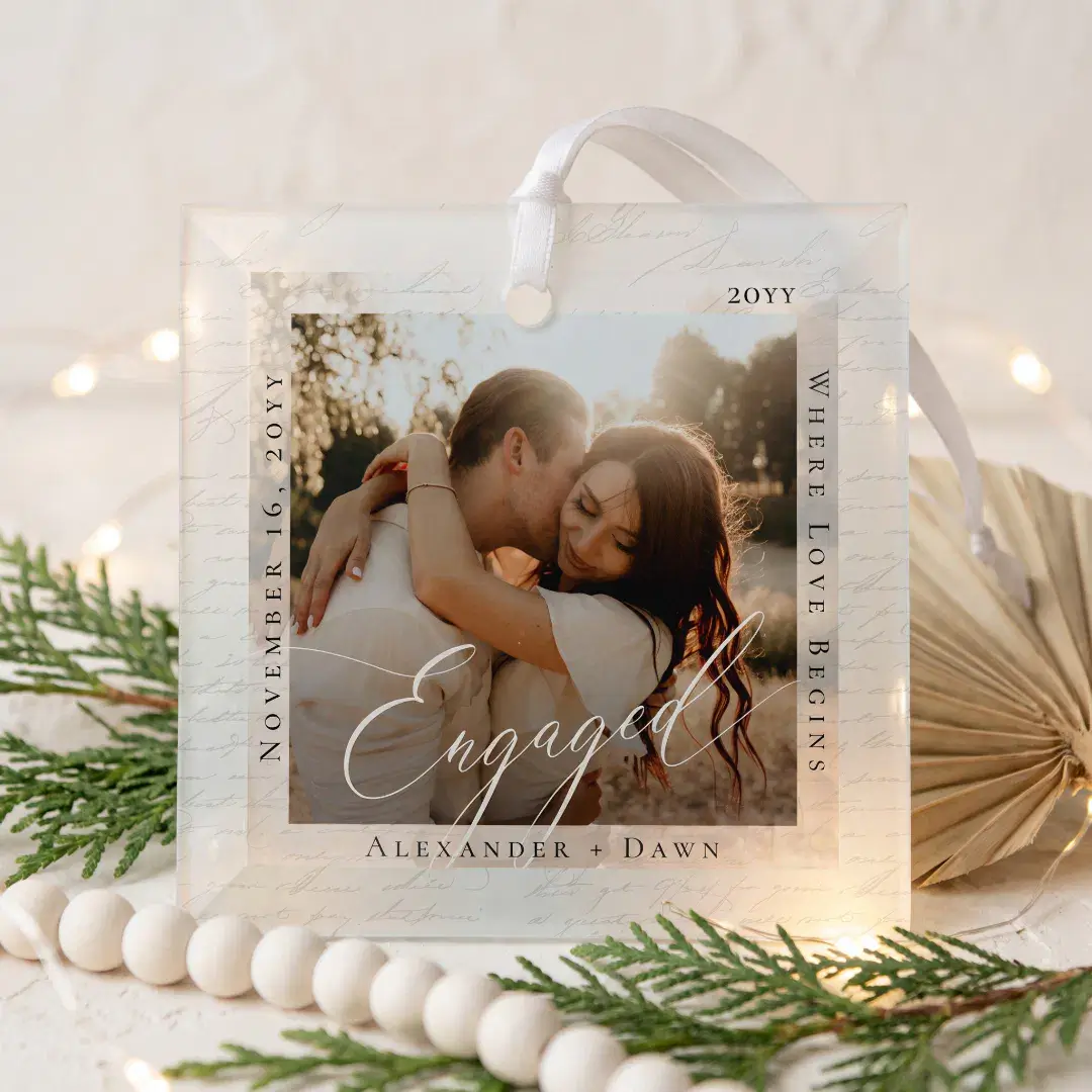 Engaged Minimal Elegant Script Engagement Photo Glass Ornament