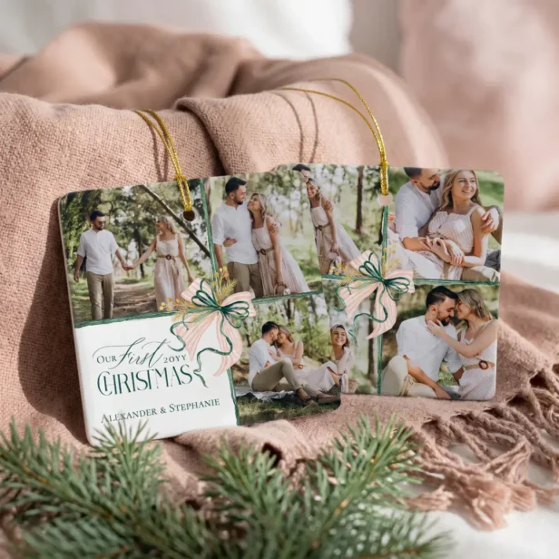 First Christmas Engaged Green Bow Photo Collage Ceramic Ornament