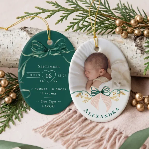 Green Bow Personalized Baby Name Photo Birth Stats Ceramic Ornament