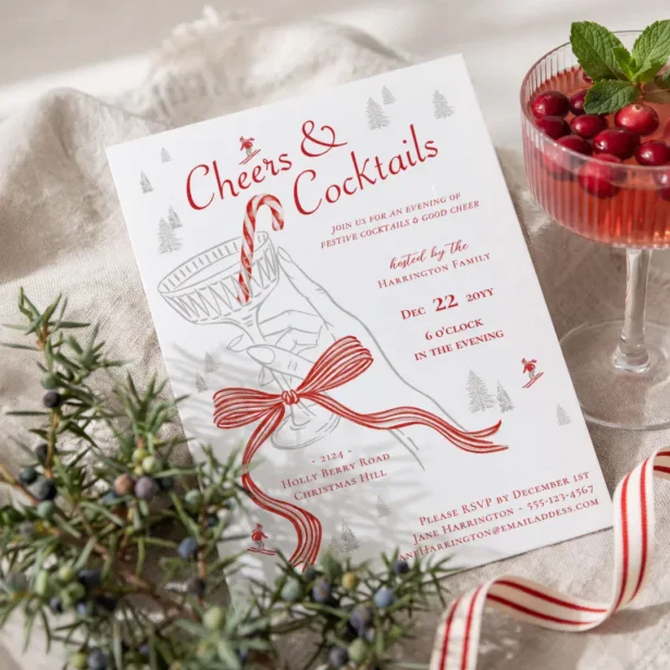 Hand Drawn Nordic Christmas Cocktail Party Red Bow Invitation