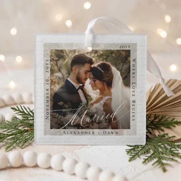 Married Minimal Elegant Script Wedding Photo Glass Ornament