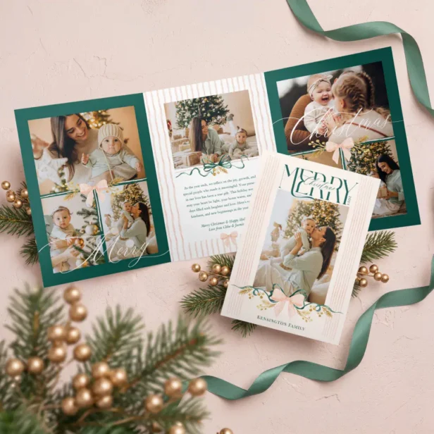 Merry Christmas Elegant Pink Green Bow Photo Tri-Fold Holiday Card