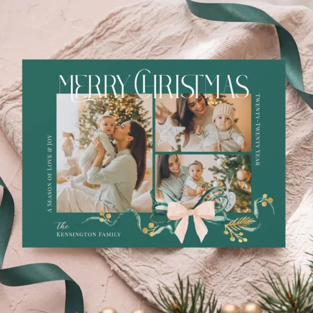 Merry Christmas Photo Collage Watercolor Green Bow Holiday Card