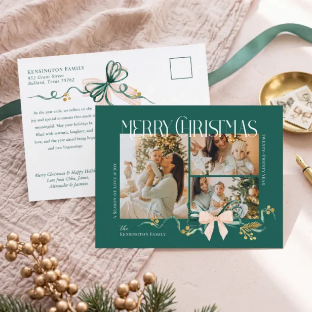 Merry Christmas Photo Collage Watercolor Green Bow Holiday Postcard